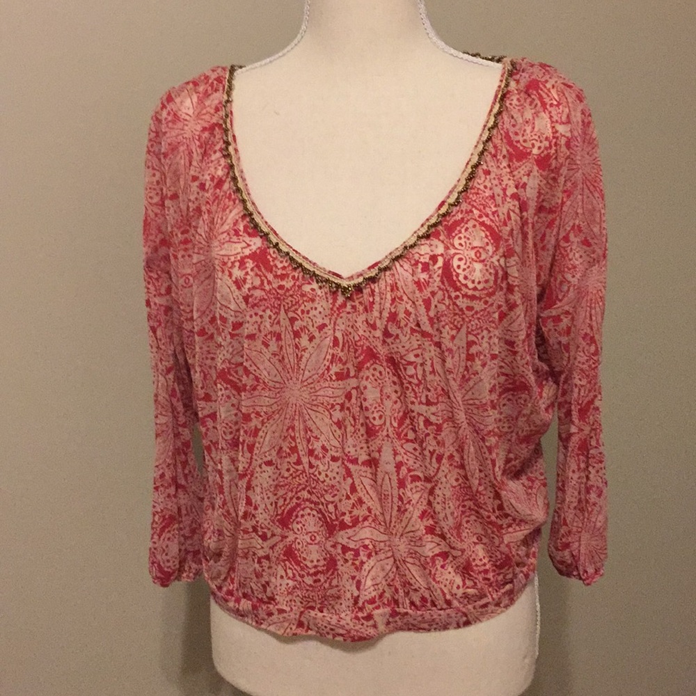 Free People sheer crop top bronze beading neckline
